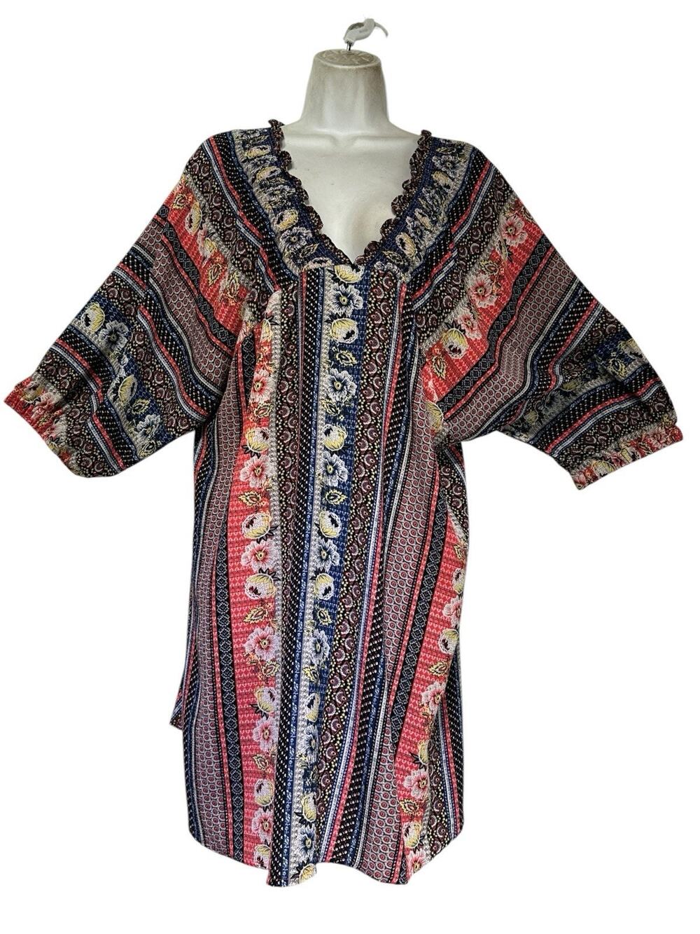 Umgee USA Women’s Size L Multicolor Floral Stripe Ruffle Neck Tunic Dress
